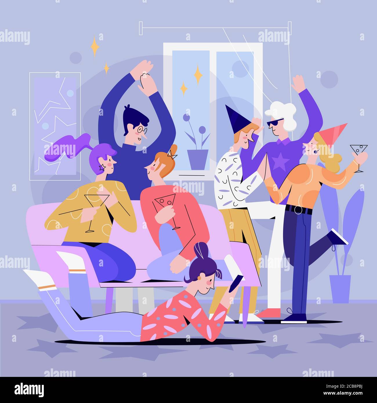 Party at home vector illustration. Soiree, holiday, Birthday celebration, entertainment, home discotheque. Male and female guests, crowd people student friends resting together. Stock Vector