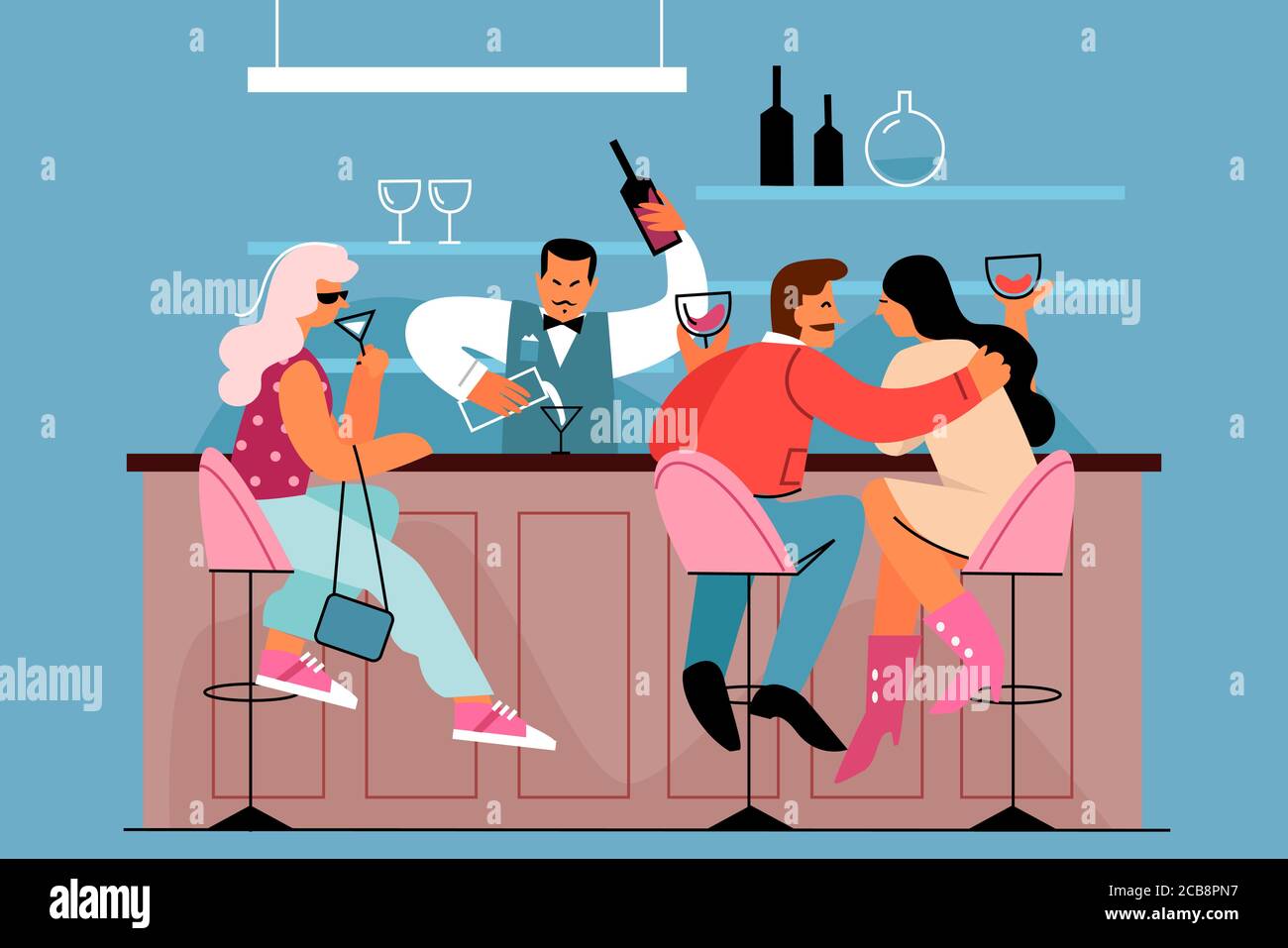 People at the bar flat vector illustration. Evening in cafe. Couple on  date. Bartender at counter. Entertainment. Woman drink wine. Pub interior  scene. Customers cartoon characters on blue background Stock Vector Image