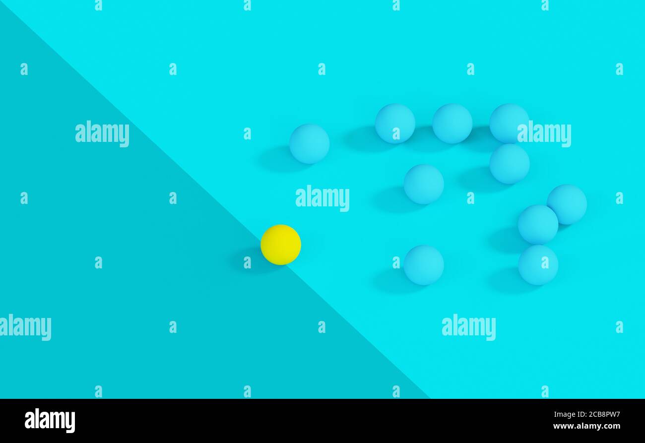 Yellow ball is crossing the border with ten blue spheres following it on blue background. Standing out from the crowd, leadership queue concept. 3D re Stock Photo