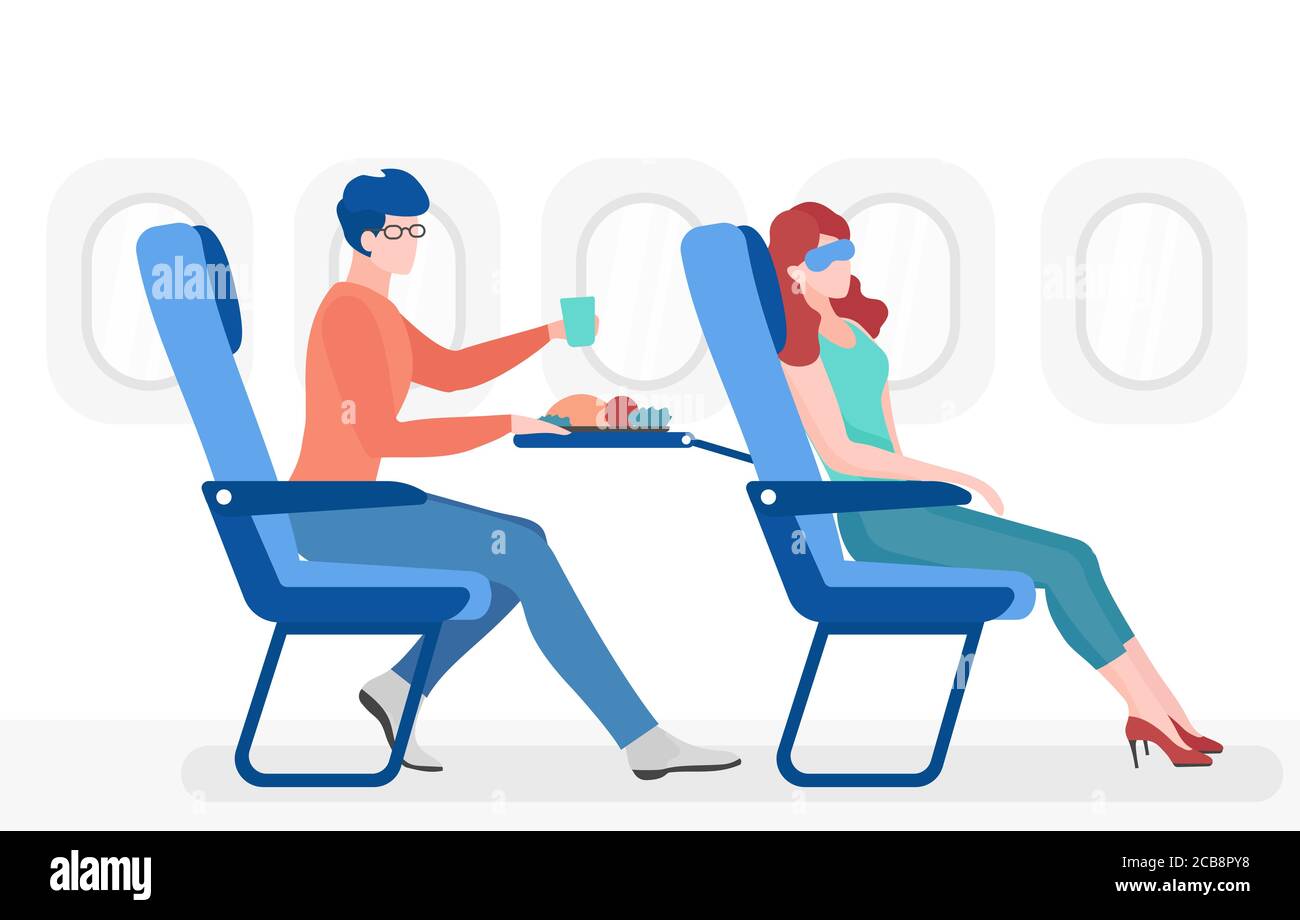 People in plane cabin flat vector illustration. Airplane passengers in comfortable seats cartoon characters. Man eating meal, young woman in eye mask sleeping. Airway transportation, commercial flight Stock Vector