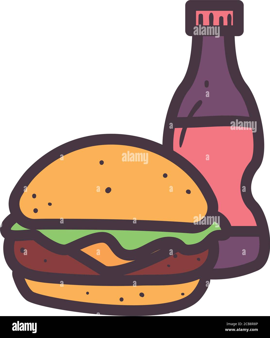hamburger with soda bottle line and fill style icon design, food eat ...