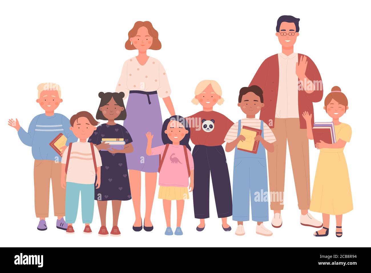 Teachers and kids vector illustration. Pedagogues and pupils, smiling people, adults and schoolchildren flat characters. Study group, class photo, educators with children, learners and teaching staff Stock Vector