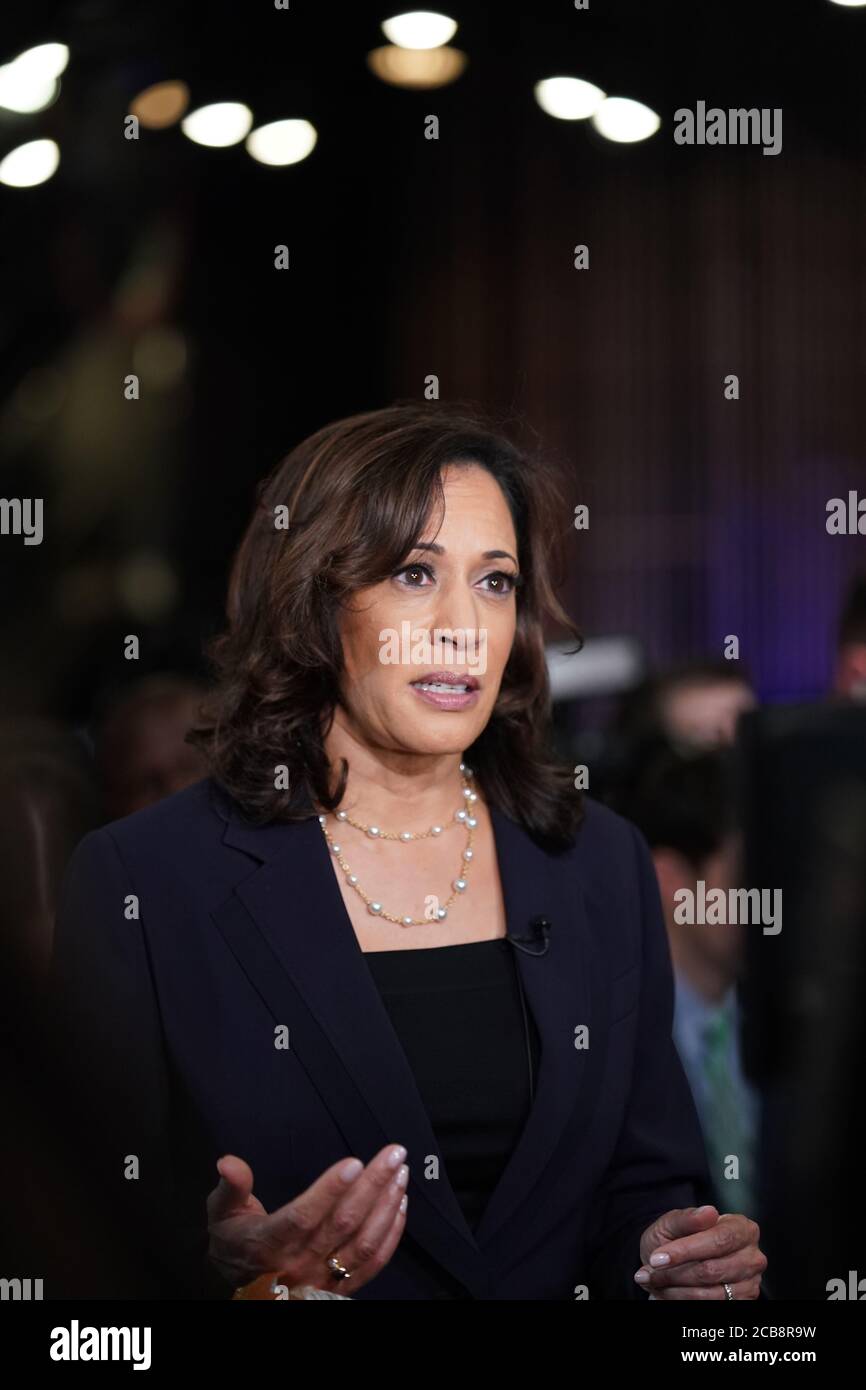 FILE: New York, USA. 11th Aug, 2020. File photo taken on June 28, 2019 shows Senator Kamala Harris of California interviewed after the second night of the first Democratic primary debate in Miami, Florida, the United States. Former U.S. Vice President and presumptive Democratic nominee Joe Biden announced on Aug. 11, 2020 that he has picked Senator Kamala Harris of California as his running mate. Credit: Liu Jie/Xinhua/Alamy Live News Stock Photo