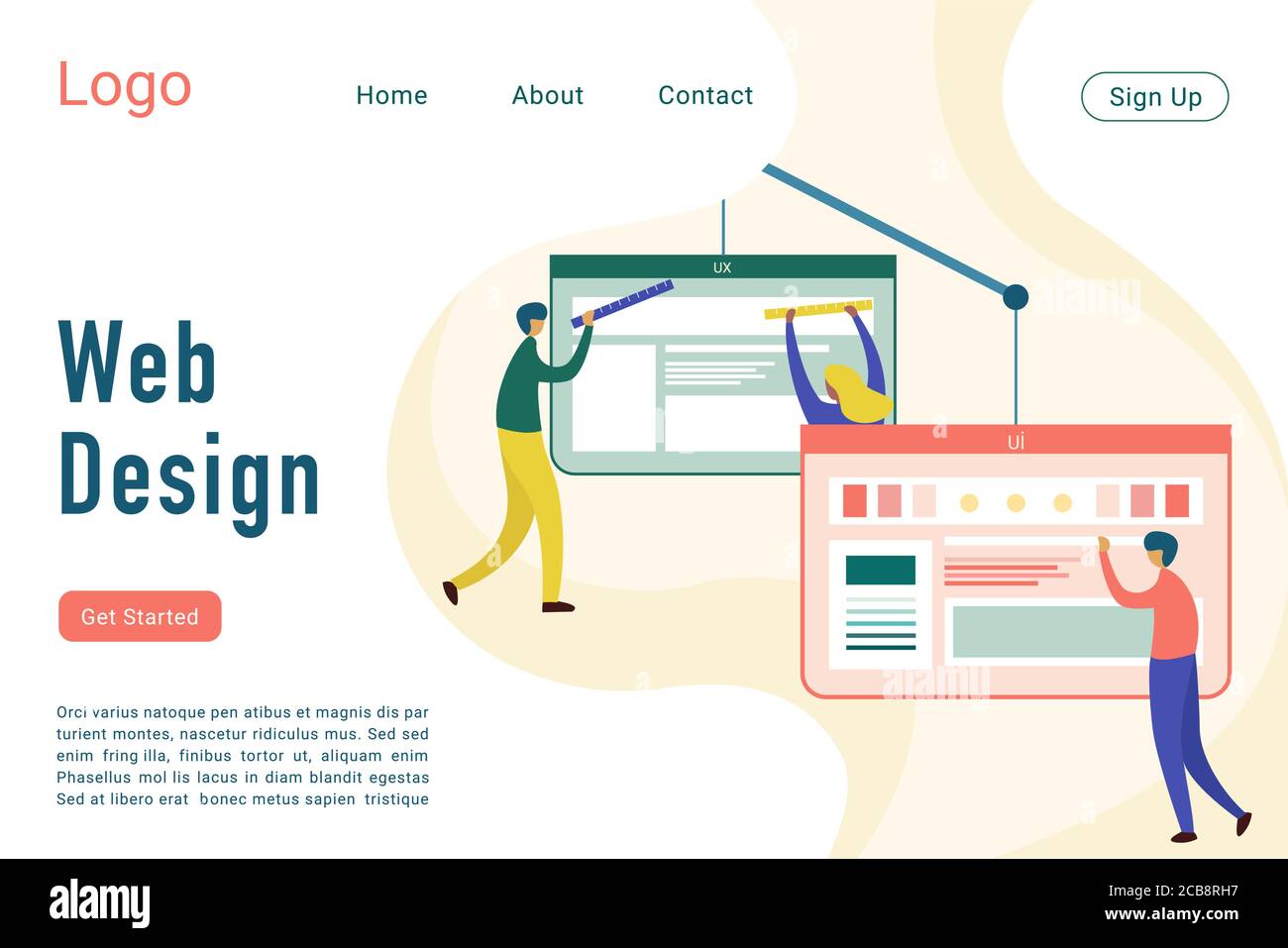 Web design vector flat landing page template. UI, UX website homepage interface layout. User experience. Coding, analytics, content management. Usability web banner, webpage concept Stock Vector