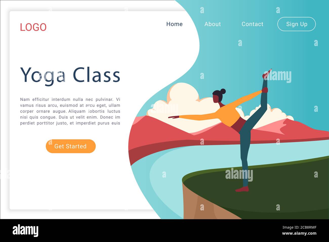 Yoga class landing page vector template. Aerobics, pilates courses website homepage interface layout with flat vector illustrations. Healthy lifestyle, active recreation web banner cartoon concept Stock Vector