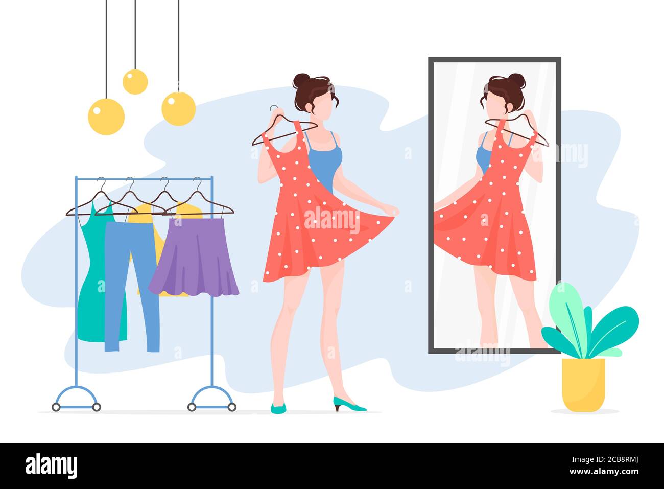 Woman choosing clothes flat vector illustration. Girl with dress looking at mirror cartoon character. Fashionista lady with stylish outfit. Wardrobe, apparel, garment. Clothing rack Stock Vector