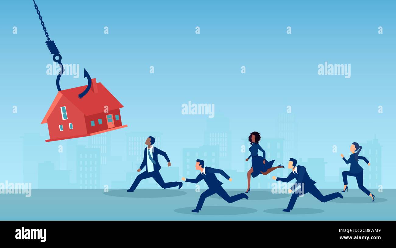 Vector of a crowd of people running after a house on a fishing hook Stock Vector
