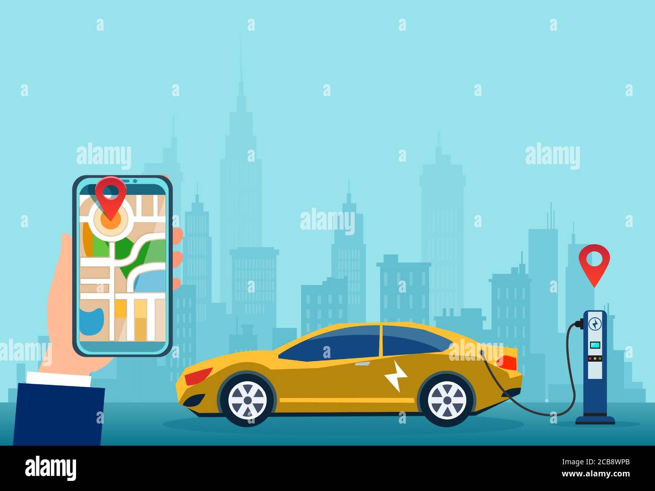 Vector of an owner of the electric car using smartphone to locate charging station in the city Stock Vector