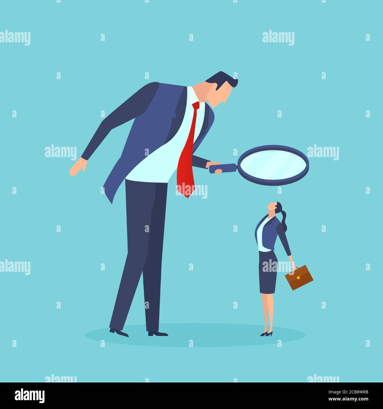Vector of a big businessman looking through magnifying glass at a small businesswoman Stock Vector