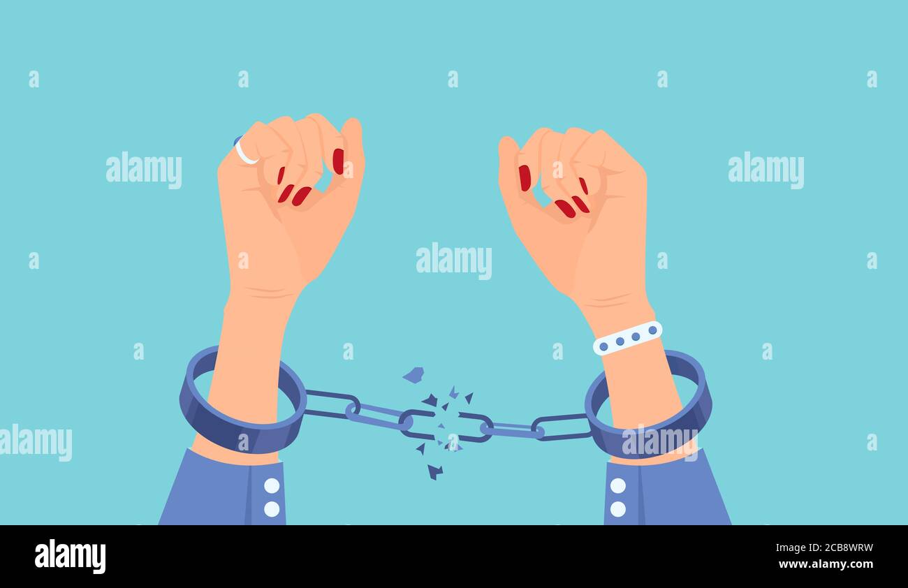Vector of a woman breaking handcuffs enjoying freedom Stock Vector