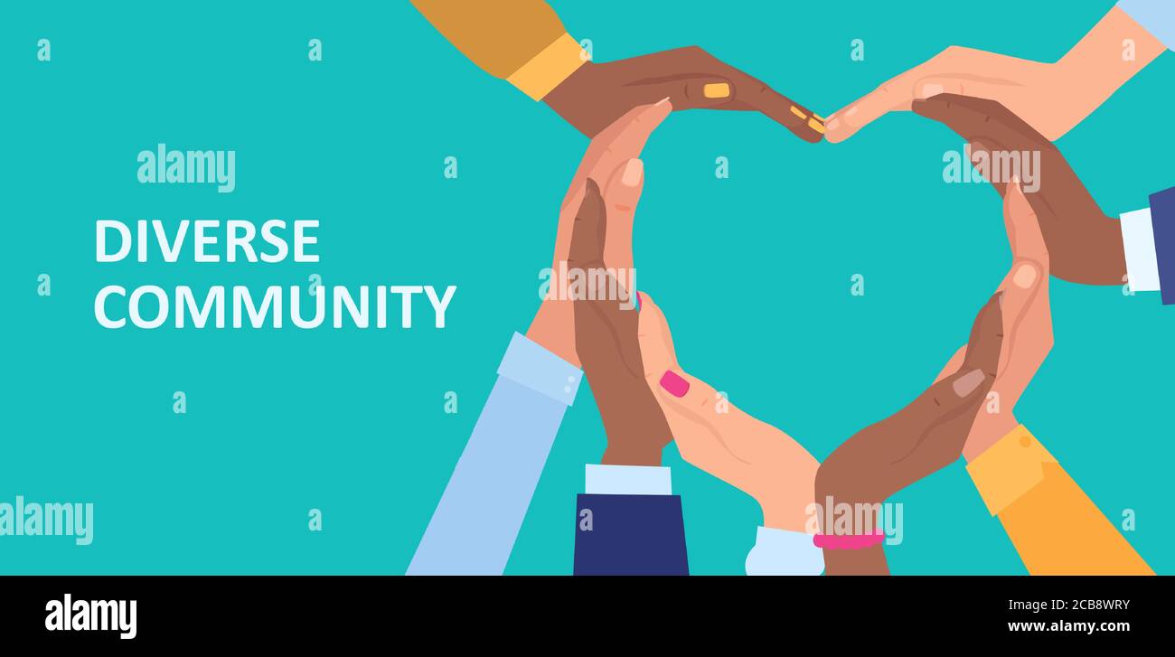 Unity and diversity concept. Vector of a group of diverse people connected together with hands shaped as heart Stock Vector
