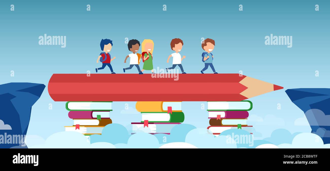 Vector of a pencil on book stacks bridging the gap in primary education for children passing by Stock Vector