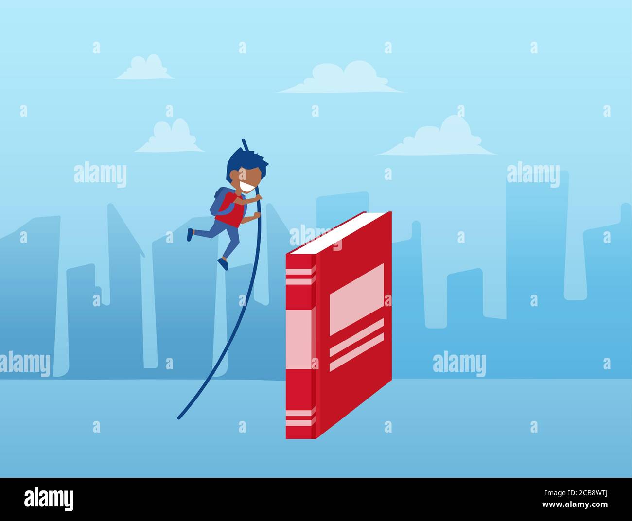 Vector of a child pole vaulting over the book on a cityscape background Stock Vector