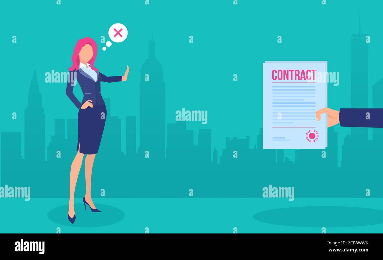 Vector of a businesswoman rejecting a job contract offer. Stock Vector