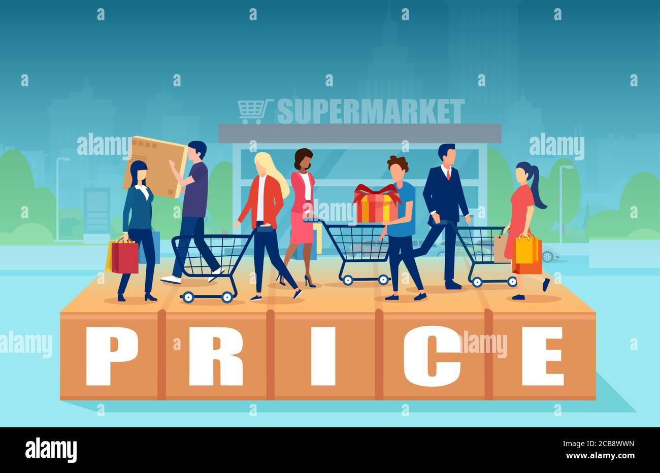 Promotion and pricing concept. Vector of shoppers with shopping carts Stock Vector