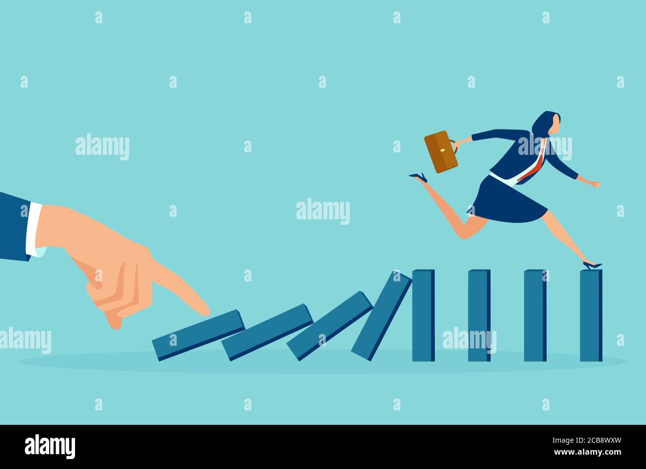 Vector of a businessman hand pushing dominoes and a businesswoman running away from falling effect. Stock Vector