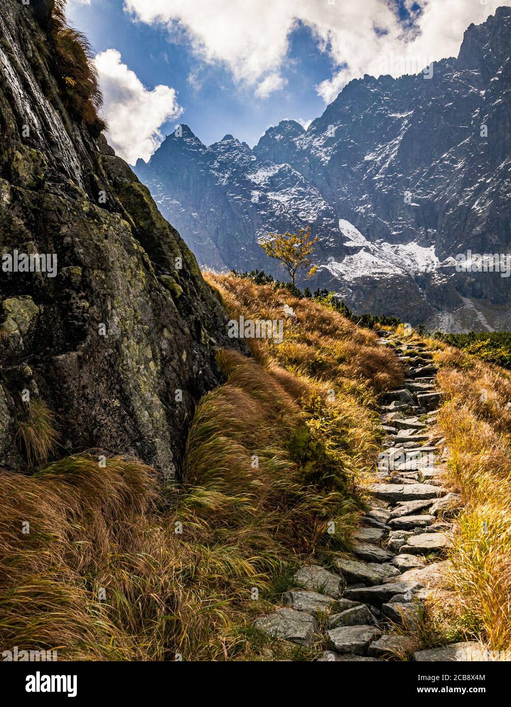 Hiking trail up the Litvorova valley in Slovak High Tatras in autumn. Stock Photo