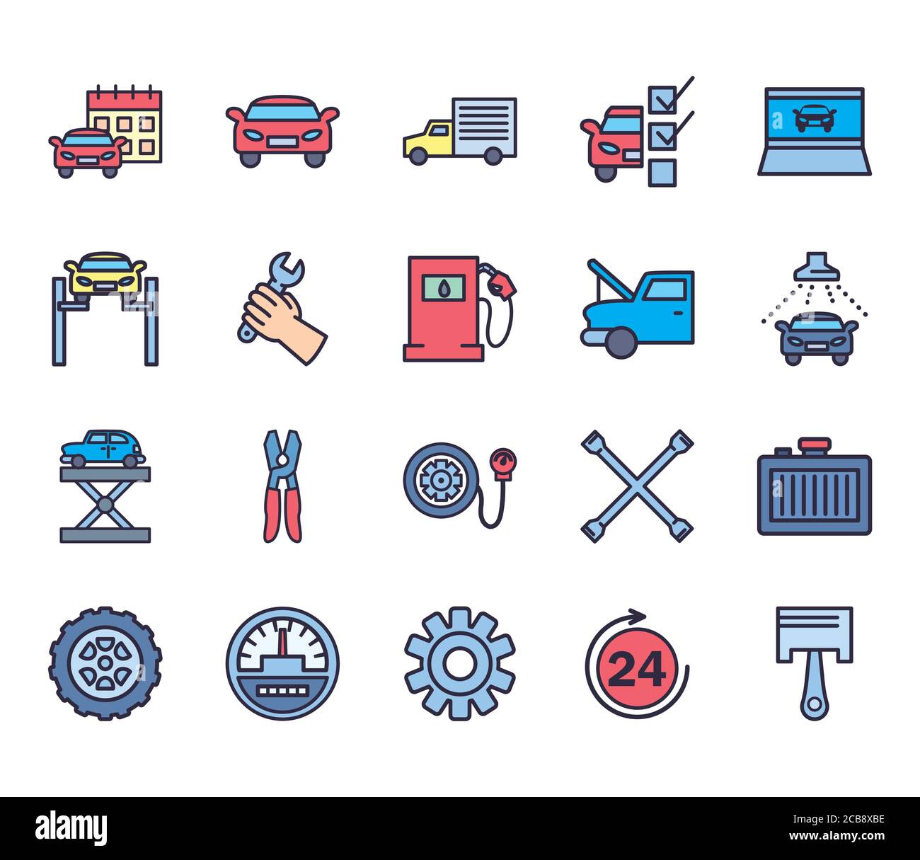 line and fill style icon set design, Repair service car and vehicle ...