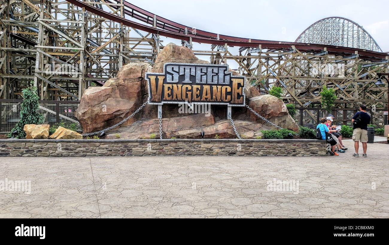 'Steel Vengeance' opened in Cedar Point on May 5, 2018. This ride is the first hyper-hybrid roller coasters and drops at 90 degrees. Stock Photo