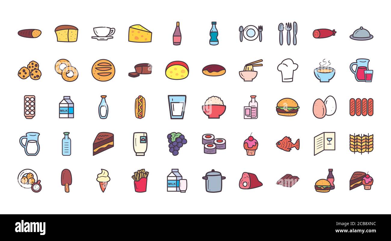 food line and fill style 50 icon set design, eat restaurant and menu ...