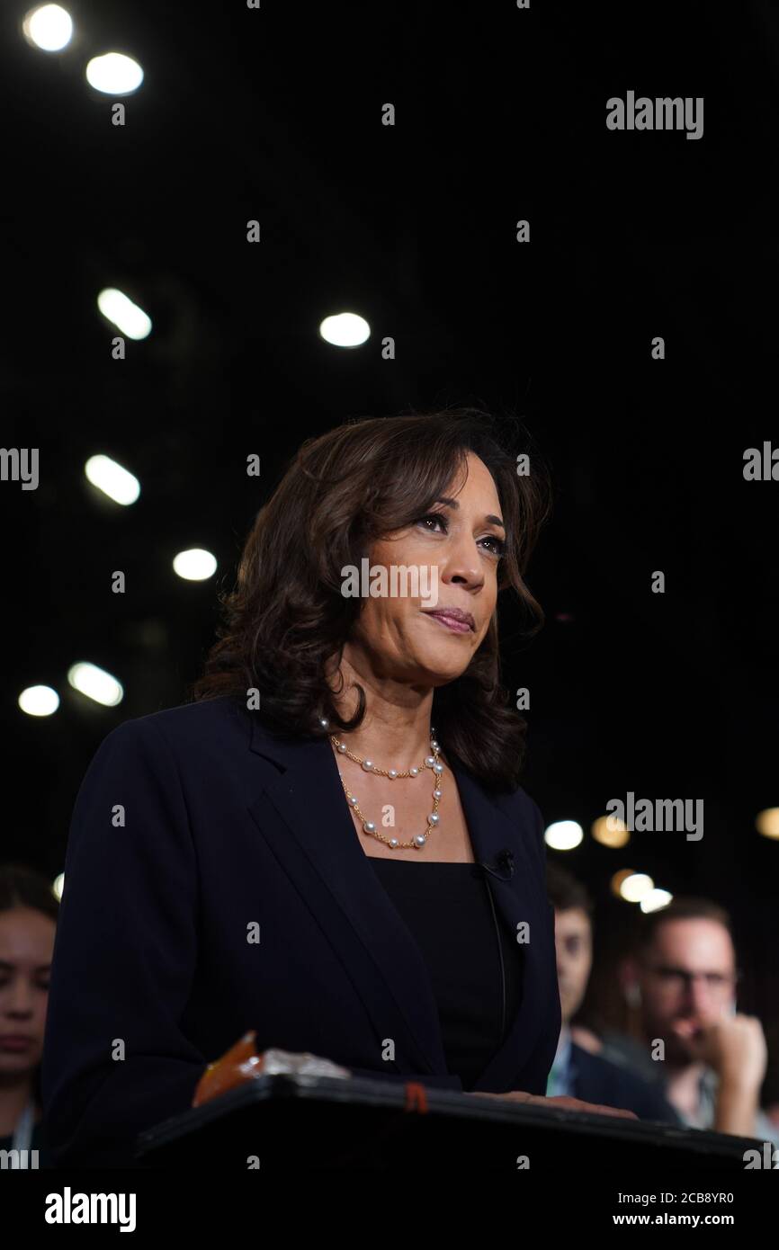 FILE: New York, USA. 11th Aug, 2020. File photo taken on June 27, 2019 shows Senator Kamala Harris of California interviewed after the second night of the first Democratic primary debate in Miami, Florida, the United States. Former U.S. Vice President and presumptive Democratic nominee Joe Biden announced on Aug. 11, 2020 that he has picked Senator Kamala Harris of California as his running mate. Credit: Liu Jie/Xinhua/Alamy Live News Stock Photo