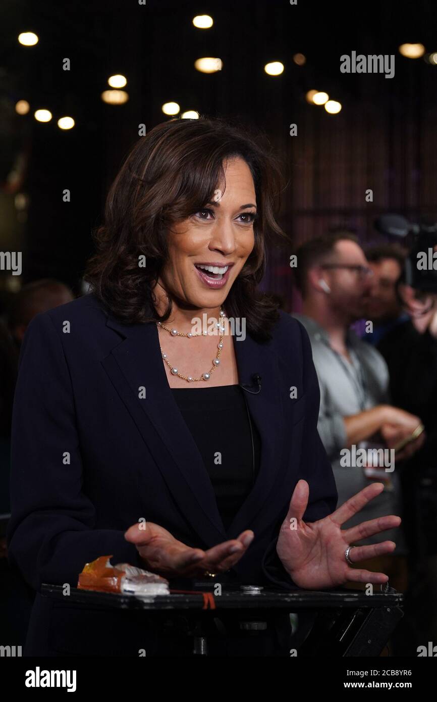 FILE: New York, USA. 11th Aug, 2020. File photo taken on June 27, 2019 shows Senator Kamala Harris of California interviewed after the second night of the first Democratic primary debate in Miami, Florida, the United States. Former U.S. Vice President and presumptive Democratic nominee Joe Biden announced on Aug. 11, 2020 that he has picked Senator Kamala Harris of California as his running mate. Credit: Liu Jie/Xinhua/Alamy Live News Stock Photo