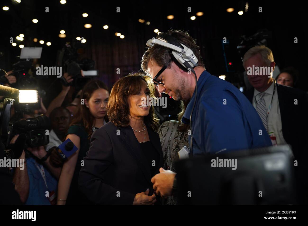 FILE: New York, USA. 11th Aug, 2020. File photo taken on June 27, 2019 shows Senator Kamala Harris (C-L) of California interviewed after the second night of the first Democratic primary debate in Miami, Florida, the United States. Former U.S. Vice President and presumptive Democratic nominee Joe Biden announced on Aug. 11, 2020 that he has picked Senator Kamala Harris of California as his running mate. Credit: Liu Jie/Xinhua/Alamy Live News Stock Photo