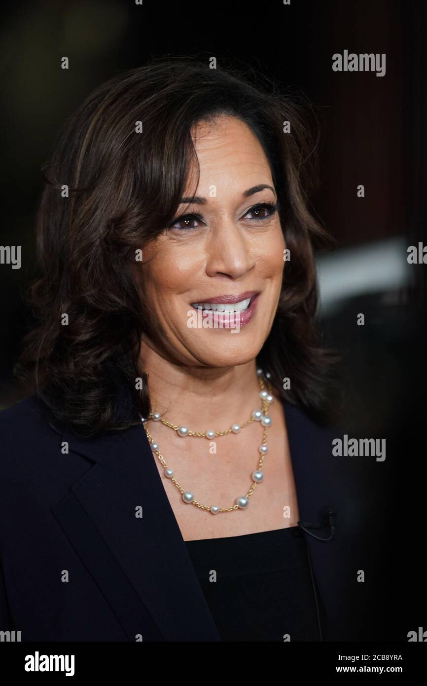 FILE: New York, USA. 11th Aug, 2020. File photo taken on June 28, 2019 shows Senator Kamala Harris of California interviewed after the second night of the first Democratic primary debate in Miami, Florida, the United States. Former U.S. Vice President and presumptive Democratic nominee Joe Biden announced on Aug. 11, 2020 that he has picked Senator Kamala Harris of California as his running mate. Credit: Liu Jie/Xinhua/Alamy Live News Stock Photo
