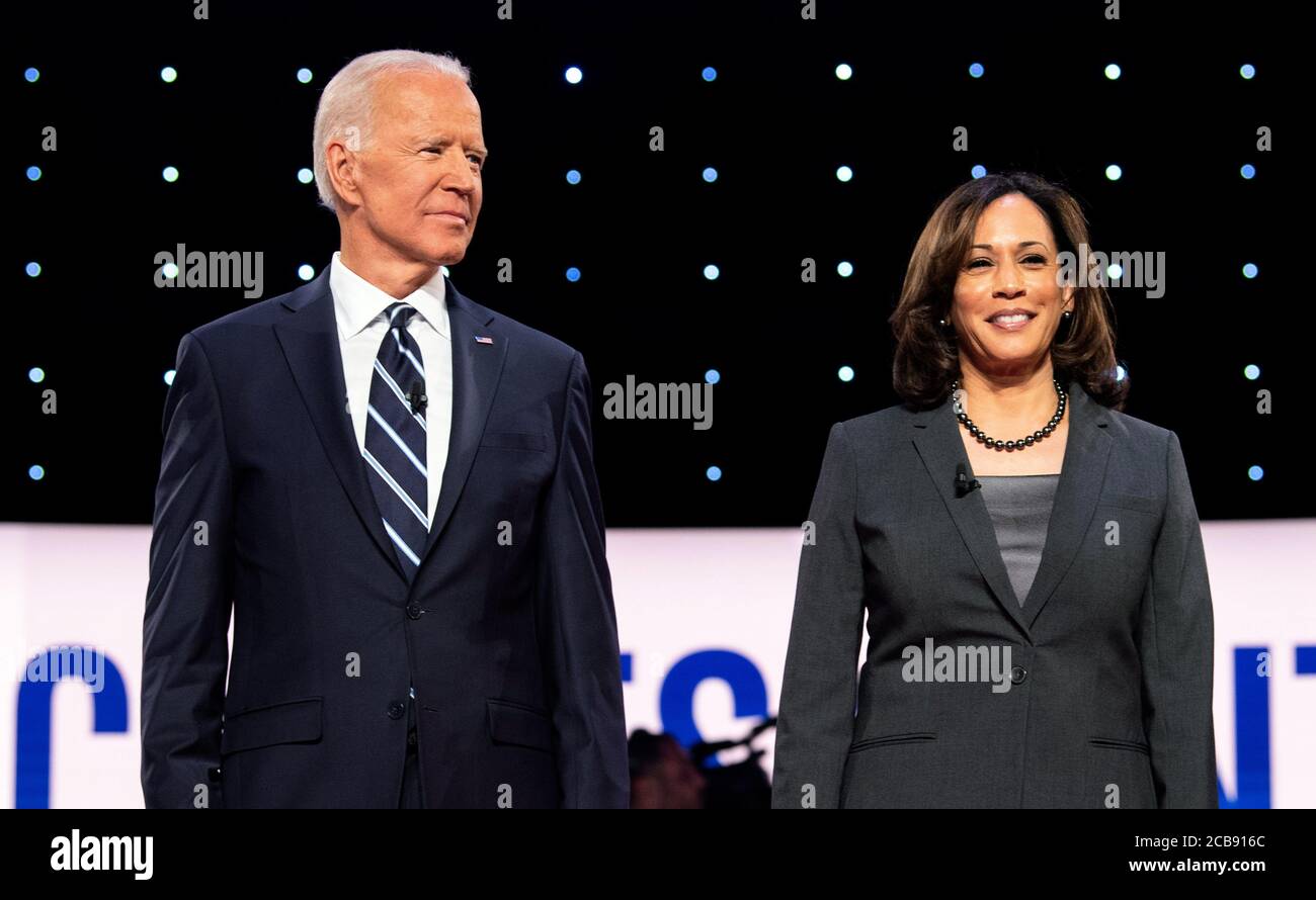 Washinton, United States. 11th Aug, 2020. Democratic presidential candidate Joe Bided (L) announced today that he has chosen Sen. Kamala Harris, D-Calif., as his running mate for the 2020 presidential election, both seen in this file photo from the Detroit Democratic presidential debate in 2019, Tuesday, August 11, 2020. Biden and Harris will face off against President Donald Trump and Vice President Mike Pence. File Photo by Kevin Dietsch/UPI Credit: UPI/Alamy Live News Stock Photo
