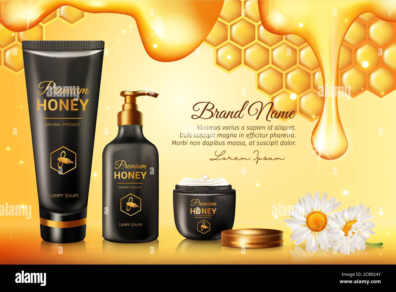 Honey skincare serum organic product ads with honeycombs with golden sample text. Intensive anti age skin care cosmetic moisturizer, natural beauty advertising banner template. Stock Vector