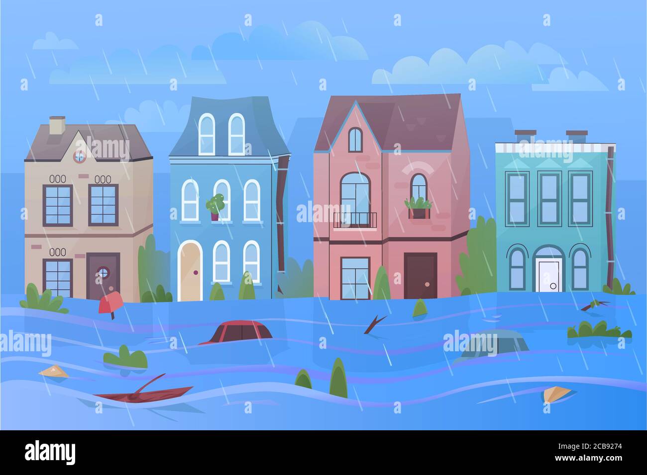City street under rain and natural disaster flood cartoon vector  illustration panorama. Background with houses, heavy clouds, swimming cars,  trees, signs. Danger for people, animals, damage for city Stock Vector  Image &