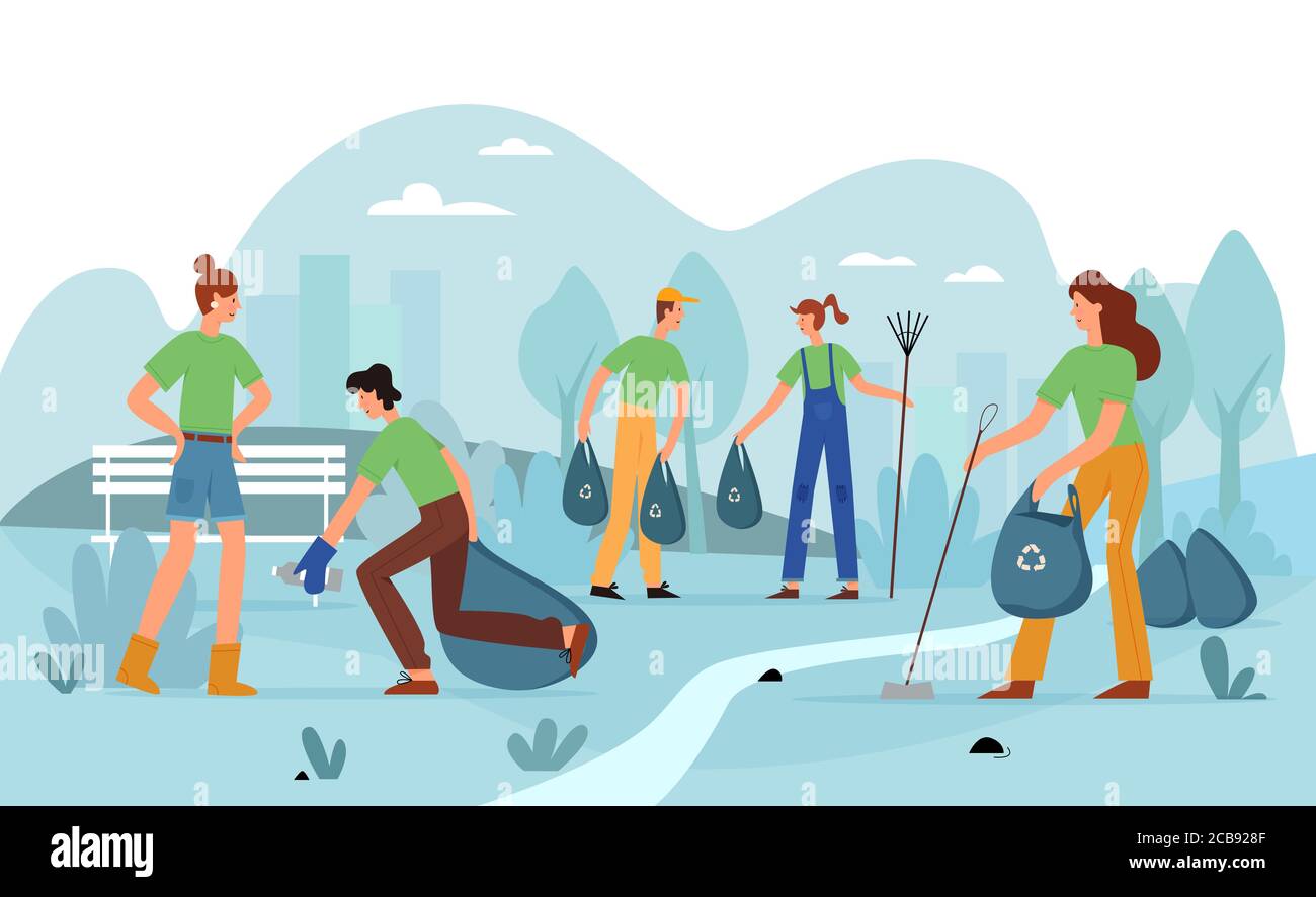 Volunteer activity, city park garbage collection vector illustration. Volunteers, young people with broom and garbage bags flat characters. Environmental cleanup, volunteering concept Stock Vector