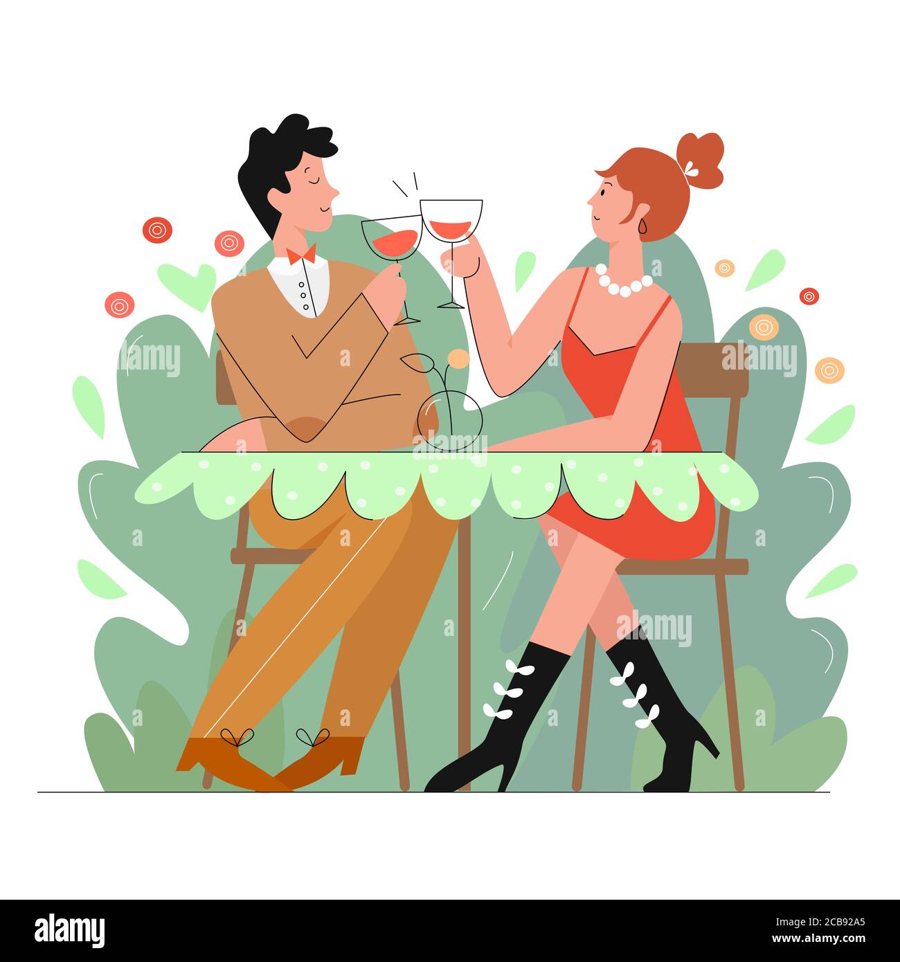 Loving couple in restaurant scene flat line character vector illustration. Young man and woman at romantic dating with wine glasses at cafe decoration. Relationship humoristic concept Stock Vector