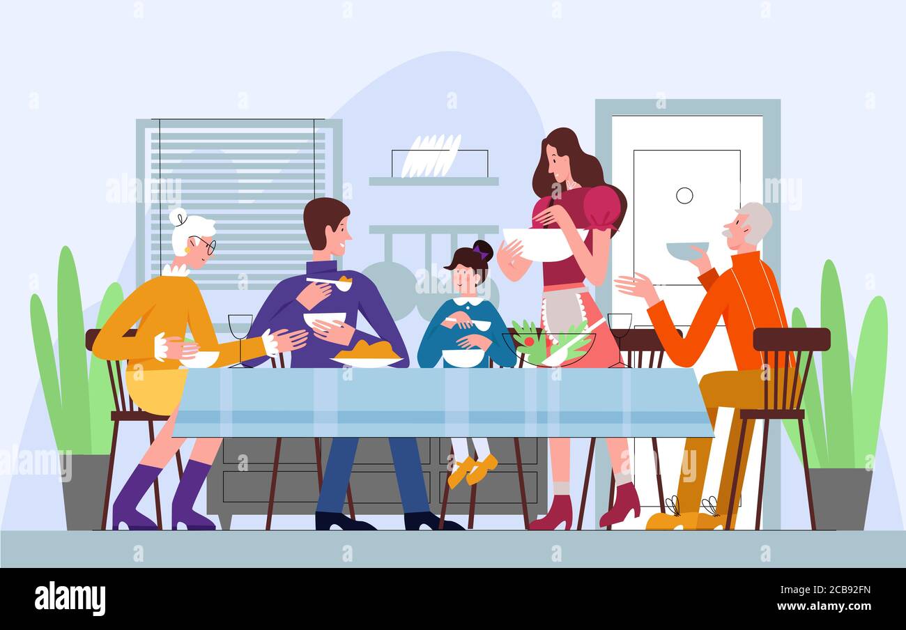 Family dinner, traditional meal vector illustration. Child, parents and grandparents sitting at table, united family members eating together flat characters. Leisure, recreation, positive emotions Stock Vector