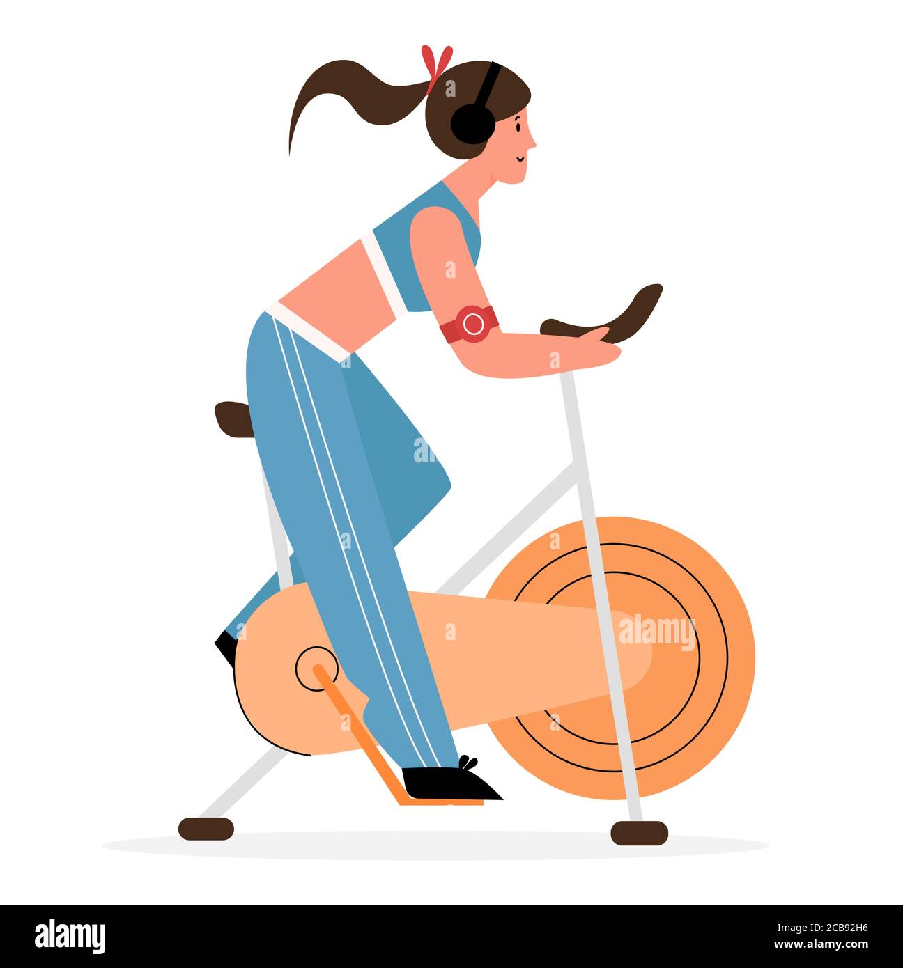 Active girl rides at exercise stationery bike flat vector illustration concept. Bicycle young woman doing spinning sport activities, home fitness healthy lifestyle concept Stock Vector