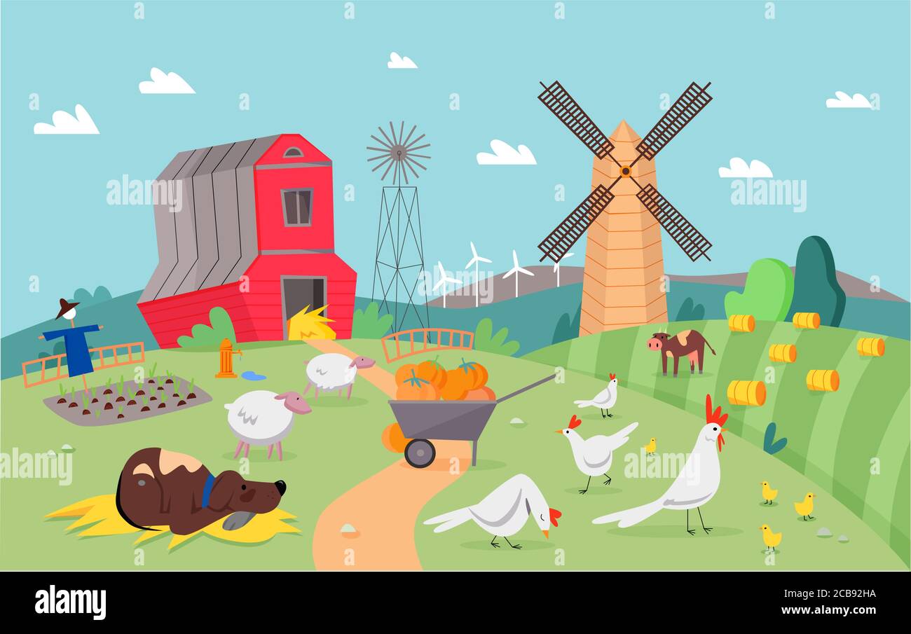 Modern farm with cute animals flat design cartoon vector illustration background. Rural landscape with green fields, sheaves of hay, elevator, mill, cart with pumpkins. Farming and agriculture concept Stock Vector Image & Modern farm with cute animals flat design cartoon vector illustration background. Rural landscape with green fields, sheaves of hay, elevator, mill, cart with pumpkins. Farming and agriculture concept Stock Vector Image &