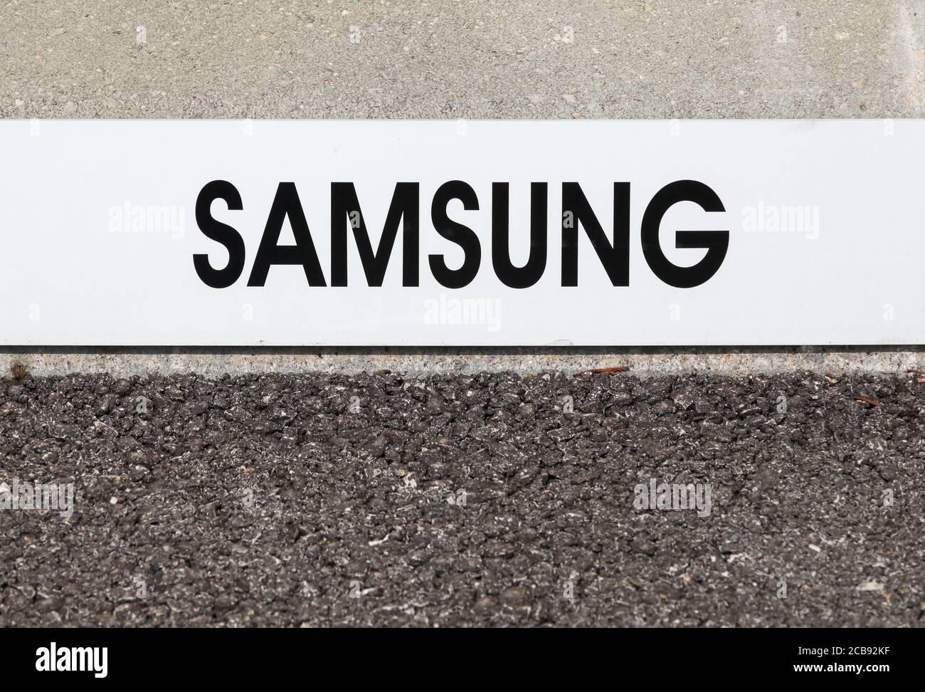 Saint Priest, France - May 16, 2020: Samsung sign on a signboard. Samsung is a South Korean multinational conglomerate company Stock Photo