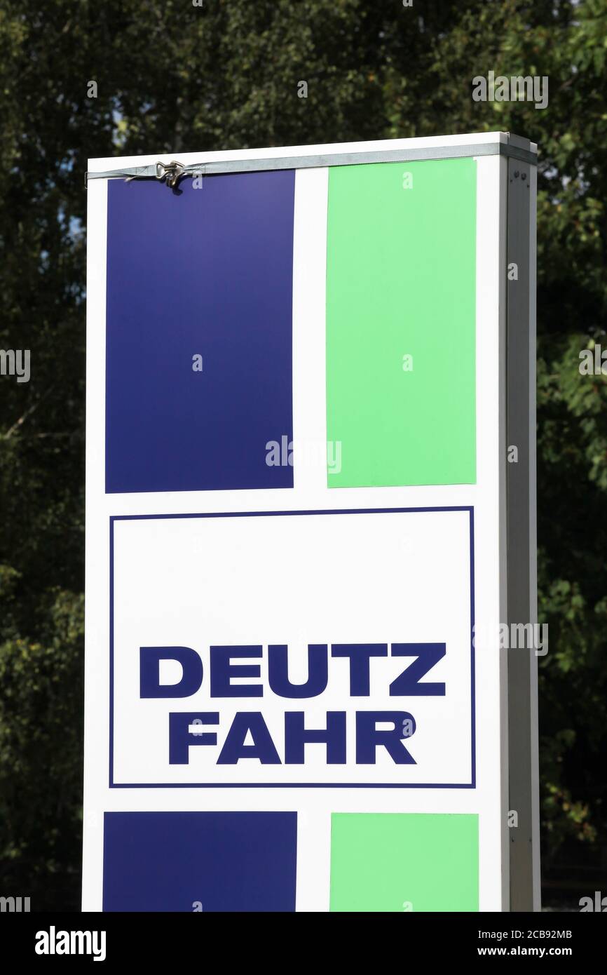 Morke, Denmark - August 6, 2020: Deutz Fahr logo on a panel. Deutz-Fahr is a brand of tractors and other farm equipment Stock Photo