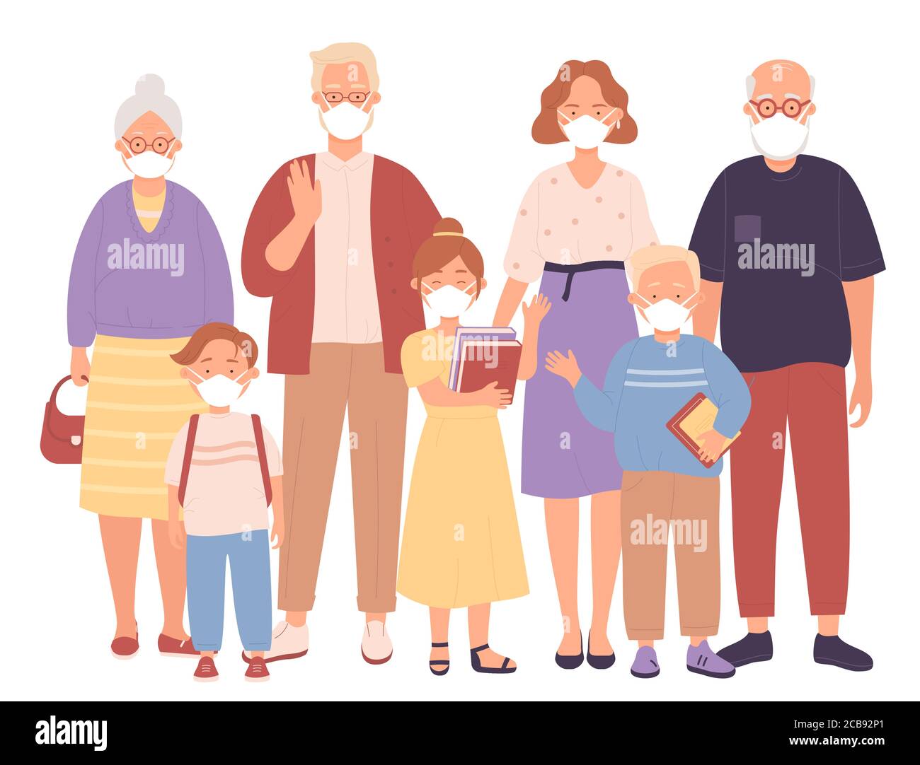 Vector Big family in protective medical face masks. Men women father mother grandparents and kids wearing protection from coronavirus, covid-19, 2019-nCoV, urban air smog pollution, gas emission Stock Vector