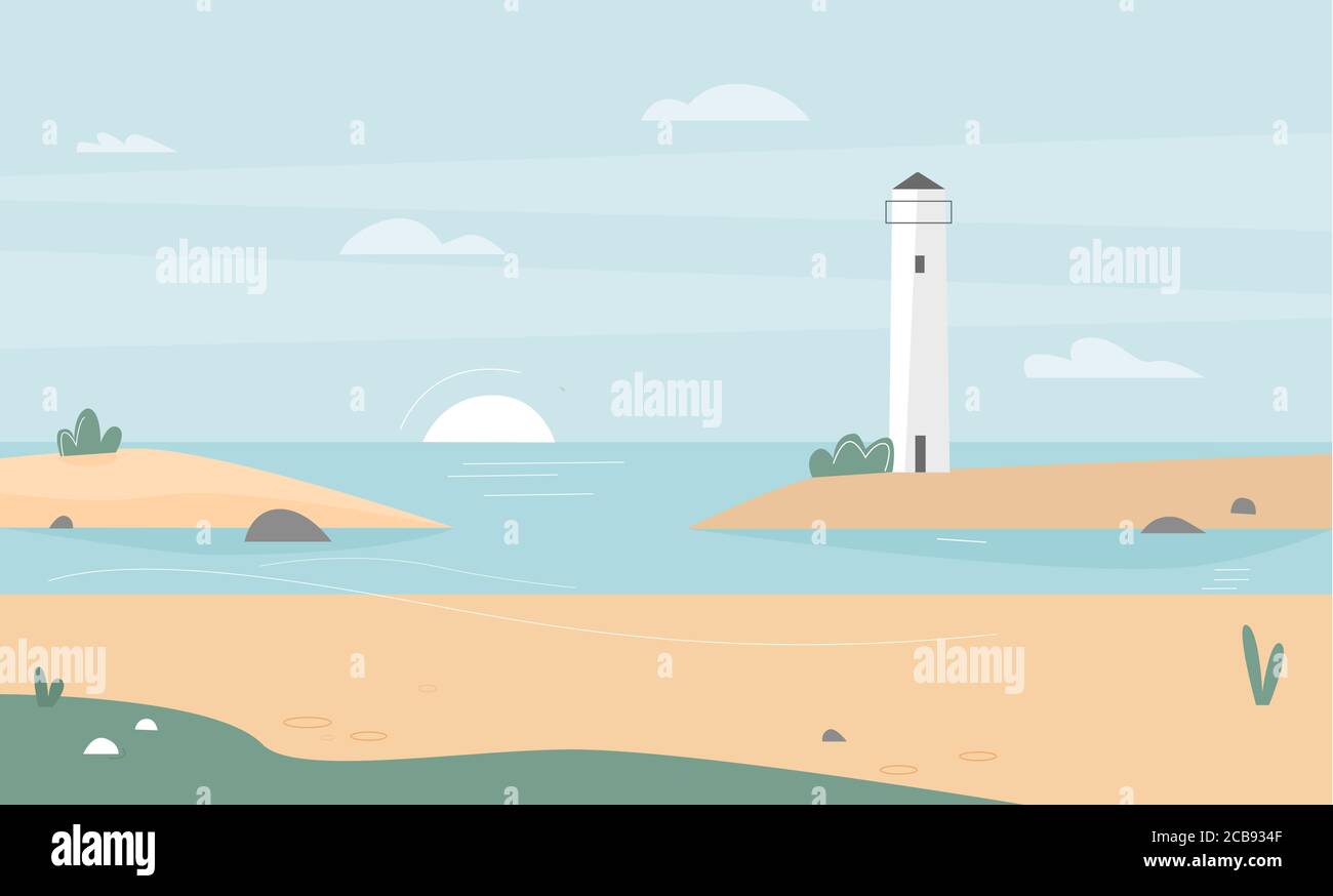 Ocean or sea coast landscape flat design vector illustration. Nature seascape background, sky with sun, cloud, beach, seaside, lighthouse, island. Tourism, summer travel concept, wallpaper, banner Stock Vector