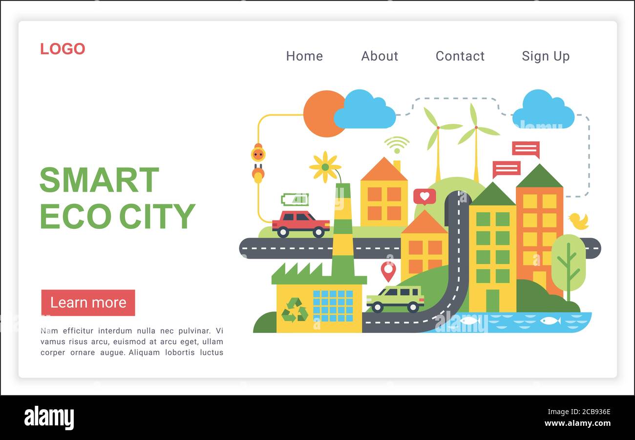 Smart eco city, high efficient modern technology flat vector illustration web landing page. Pure energy, wind generator, solar battery, electric car, free wifi, clear river. Futuristic town concept Stock Vector