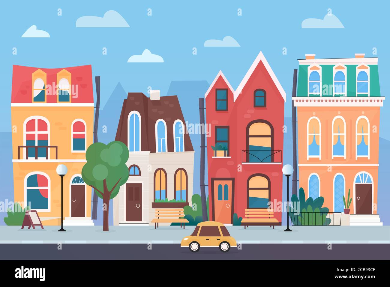 Small town street cartoon vector illustration cityscape, cute spring or summer urban landscape. Funny colored houses facades. Traditional old european city Stock Vector