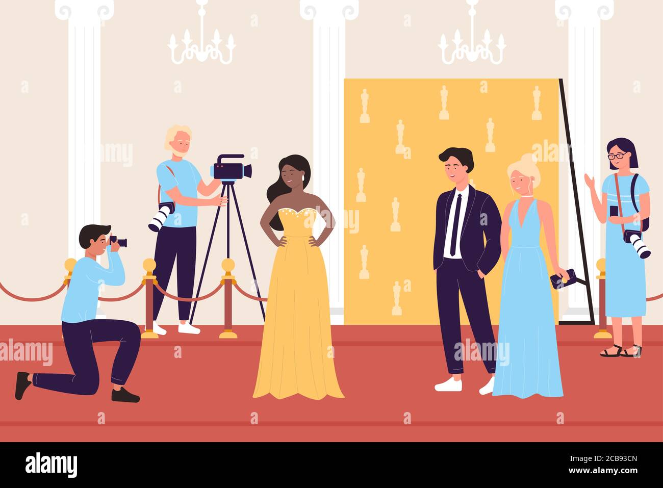 Selebrity famous people in fashionable dress with paparazzi journalists cameramen on red carpet flat vector illustration. Business or cinema stars luxury event, fashion party show, award ceremony Stock Vector