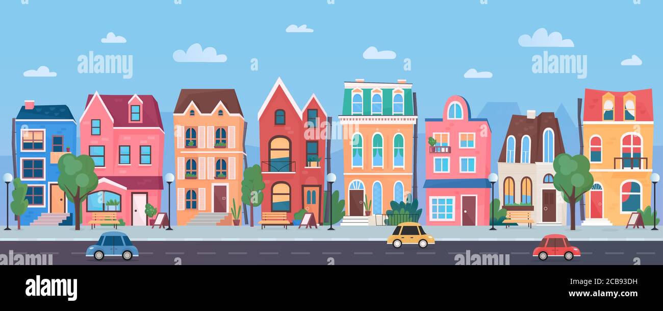 Old european town cartoon vector illustration panorama. Horizontal traditional cityscape from road and cars, street in sunny day. Background with blue sky, clouds, trees, funny three storey buildings Stock Vector