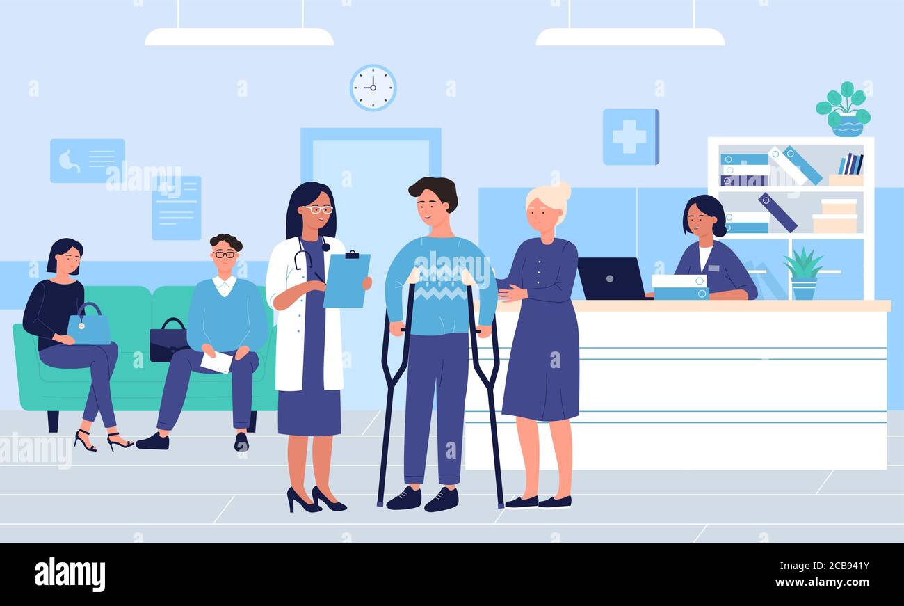 People in large intensive therapy hospital hall room flat vector illustration. Nurse works on laptop at counter, doctor talks with crutch guy and his mother, man and woman sitting at sofa Stock Vector