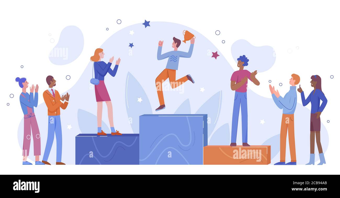 Achievement win podium vector illustration. Cartoon flat happy winner character jumping on first place winning podium, holding prize award cup in hands, people applauding champion isolated on white Stock Vector