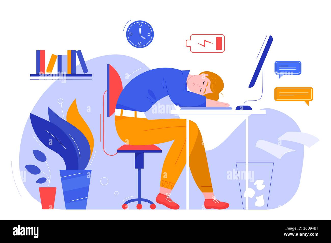 Professional burnout character flat vector illustration business concept. Overworked tired boy needs overload and sleeping at computer. Time management, deadline, freelancer, frustrated worker Stock Vector