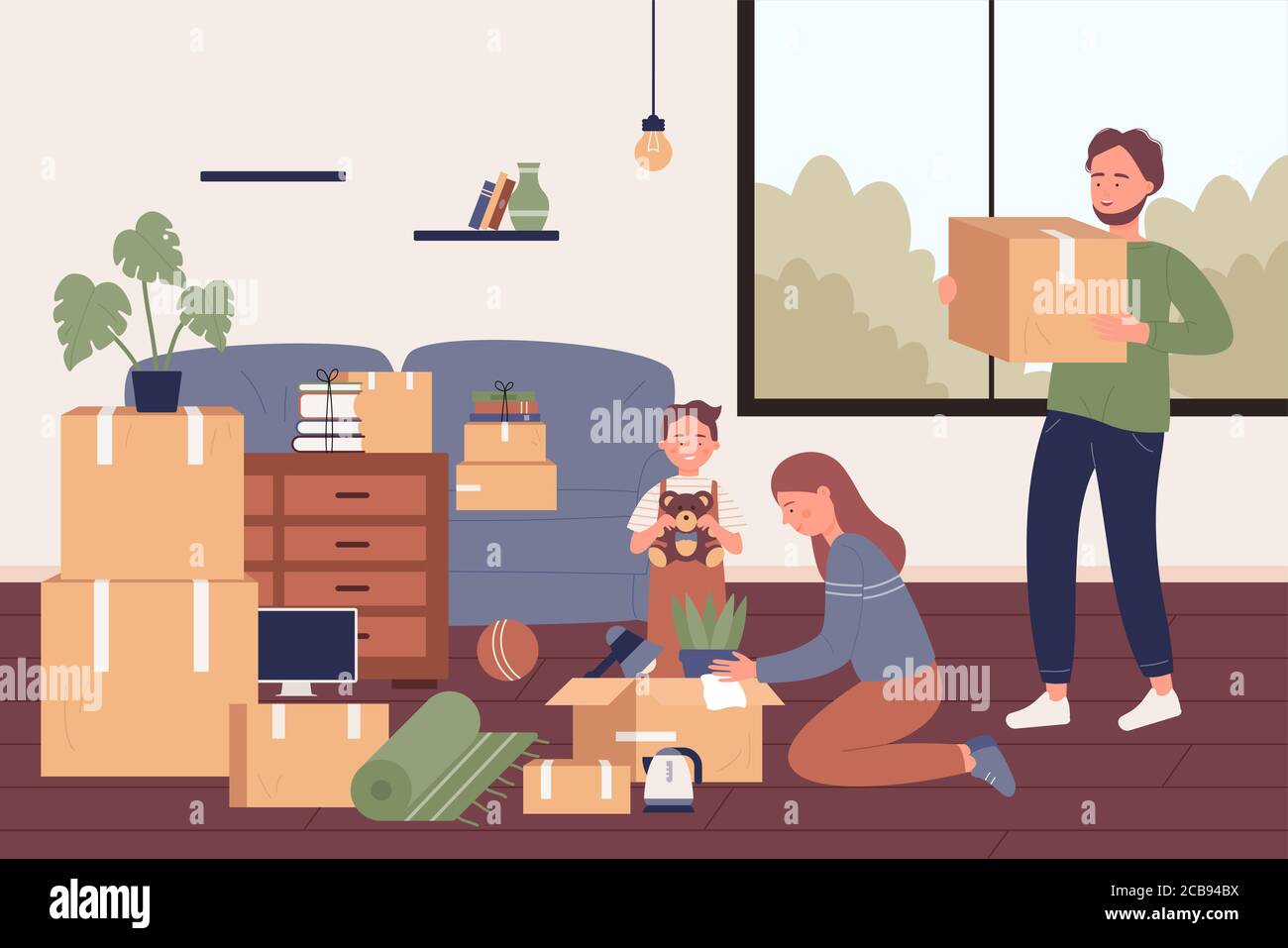 Lovely happy family moving into new apartment flat vector illustration. Parents and son characters unpacking things from cardboard boxes in light room with large window. Relocation Process. Stock Vector