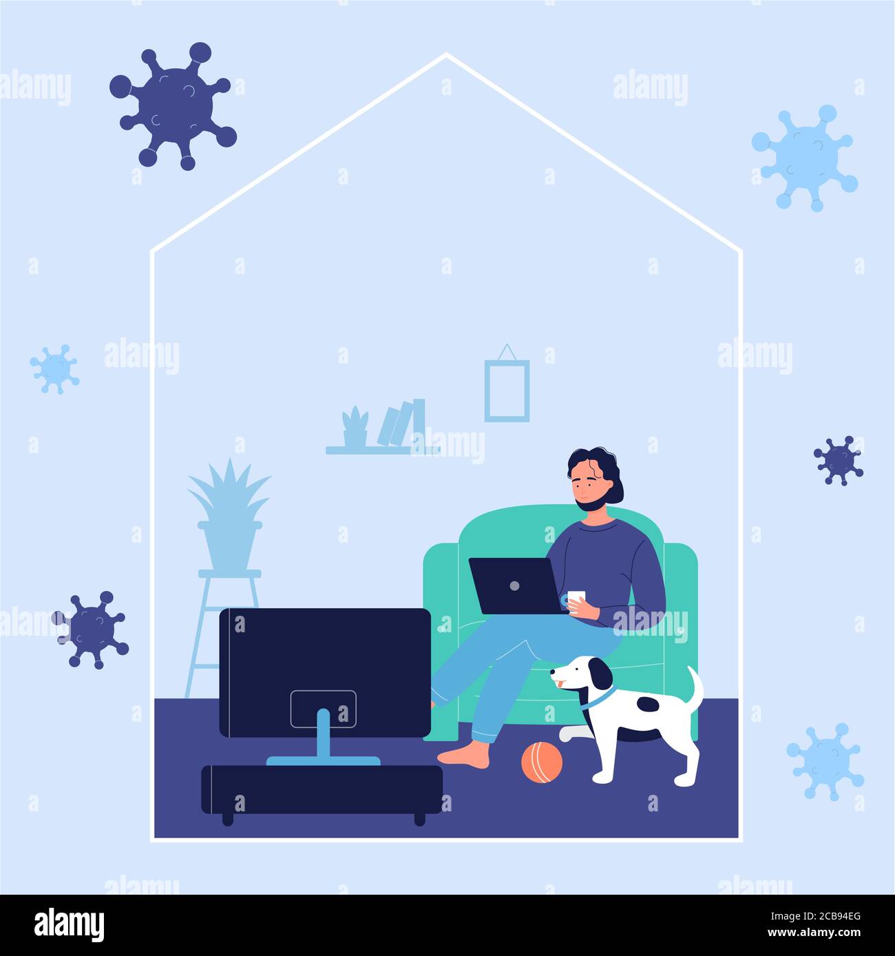Young man resting on sofa and working online with laptop computer at home with dog during corona virus covid-19 time. Stay at home to prevent coronavirus disease, quarantine self isolation concept Stock Vector