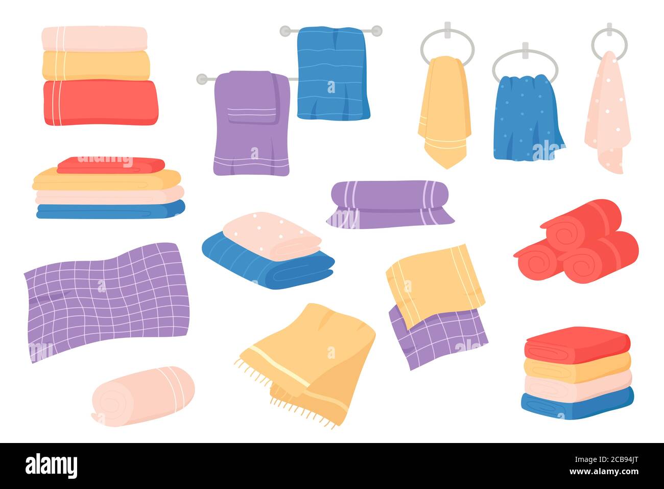 Fabric towels set. Cloth towel for bath, hygiene. Bathroom textile cartoon vector illustration Stock Vector